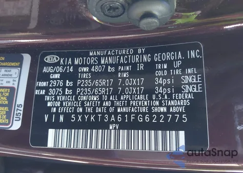 2015 Kia Sorento Lx from USA, damaged, VIN 5XYKT3A61FG622775